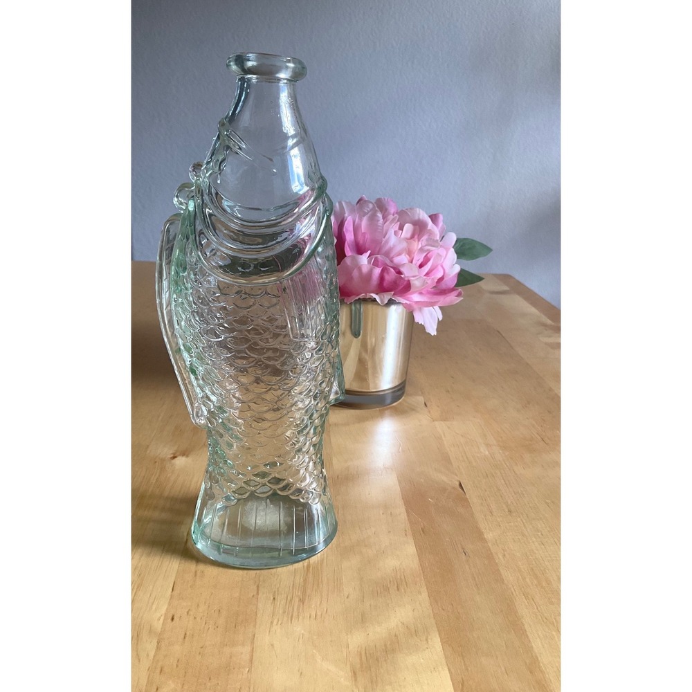 Vintage Clear Green Glass Fish Shape Bottle Vase Koi Carafe 10 Inch Decorative